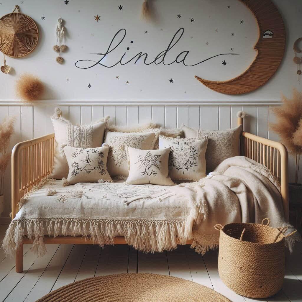 Chambre de petit fille nomme linda ecrit en francais avec lit cabane en rotin tapis en laine moelleuse style boheme chic deco douce et naturelle coussins en lin brode en forme d et