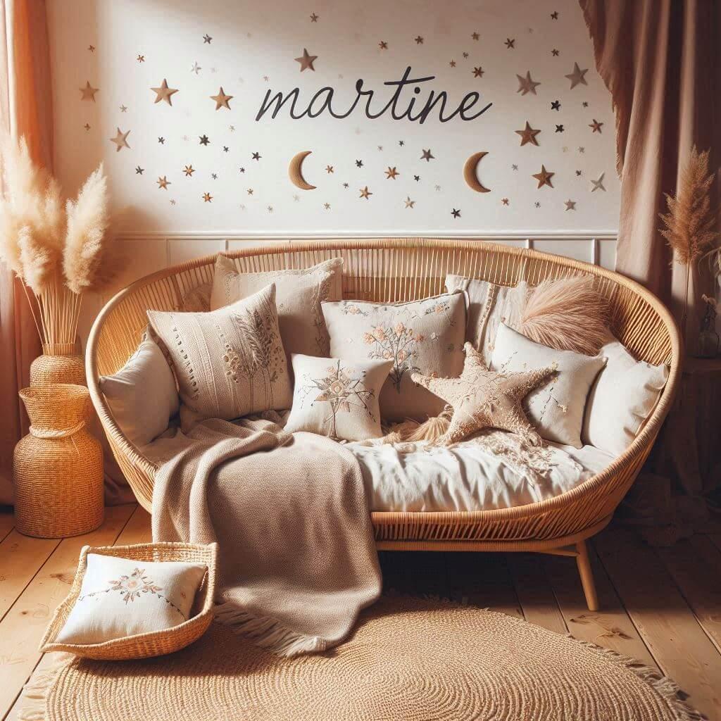 Chambre de petit fille nomme martine ecrit en francais avec lit cabane en rotin tapis en laine moelleuse style boheme chic deco douce et naturelle coussins en lin brode en forme d
