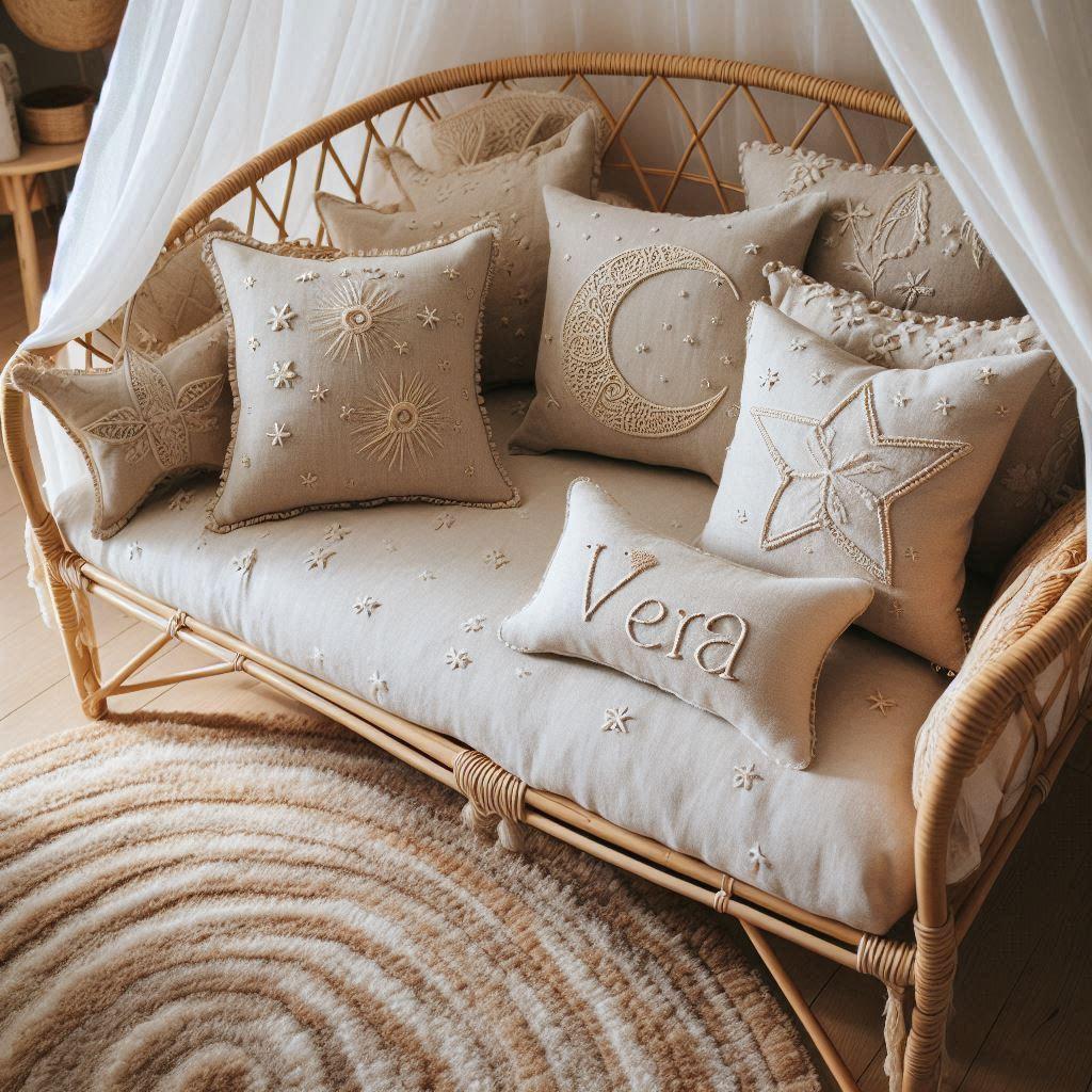 Chambre de petit fille nomme vera avec lit cabane en rotin tapis en laine moelleuse style boheme chic deco douce et naturelle coussins en lin brode en forme d etoiles et de lune pr