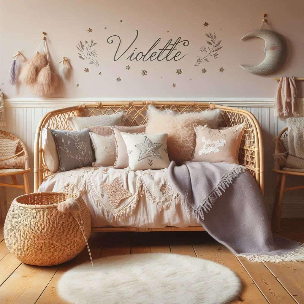 Chambre de petit fille nomme violette ecrit en francais avec lit cabane en rotin tapis en laine moelleuse style boheme chic deco douce et naturelle coussins en lin brode en forme d