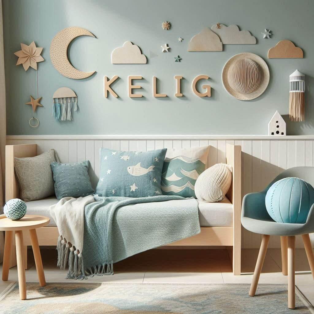Chambre de petit garcon bleu clair le blanc nacre et des touches de vert menthe mobilier moderne aux formes douces avec des matieres naturelles comme le bois blanchi ou le lin inte