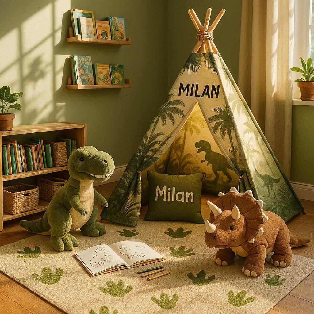 Chambre de petit garcon decoree sur le theme des dinosaures coin salle de jeux prenom milan
