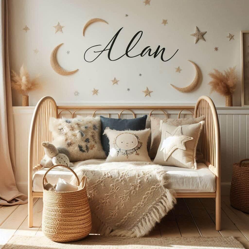 Chambre bohème chic pour petit garçon prénommé Alan avec lit cabane en rotin, déco douce, coussins étoile et lune, prénom Alan brodé