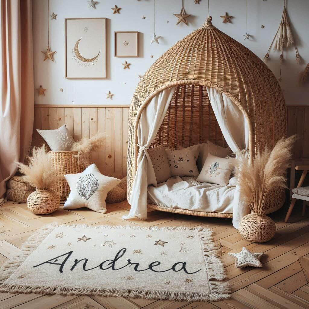 Chambre de petit garcon nomme andrea ecrit en francais avec lit cabane en rotin tapis en laine moelleuse style boheme chic deco douce et naturelle coussins en lin brode en forme d