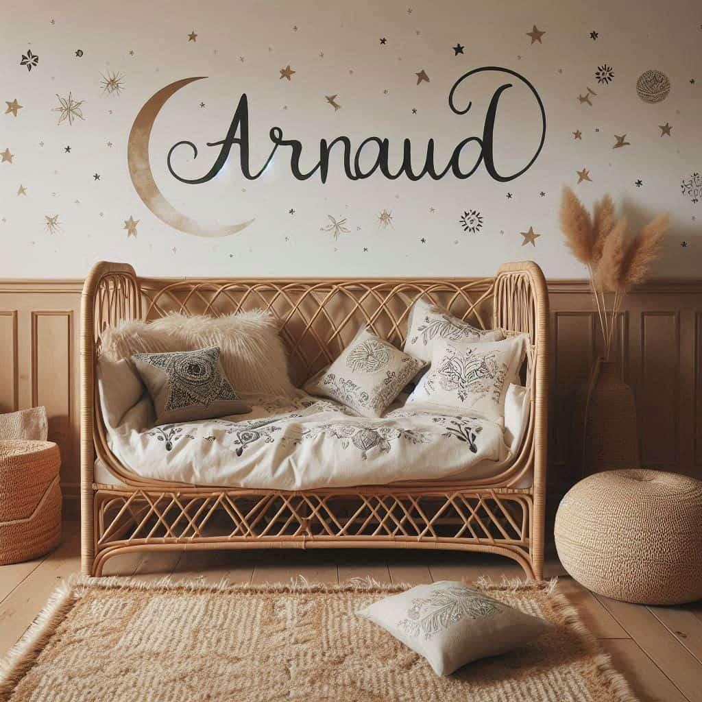 Chambre de petit garcon nomme arnaud ecrit en francais avec lit cabane en rotin tapis en laine moelleuse style boheme chic deco douce et naturelle coussins en lin brode en forme d