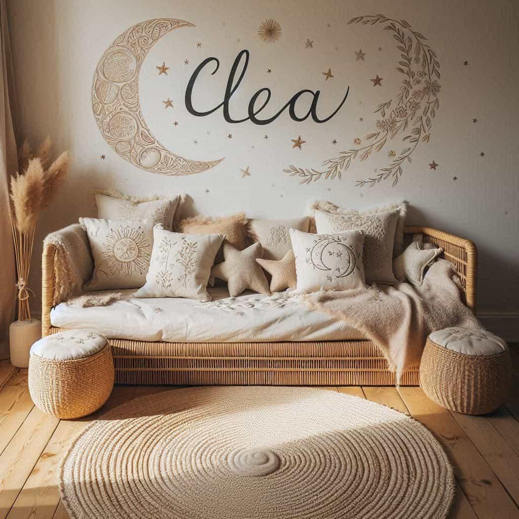 Chambre de petit garcon nomme clea ecrit en francais avec lit cabane en rotin tapis en laine moelleuse style boheme chic deco douce et naturelle coussins en lin brode en forme d et