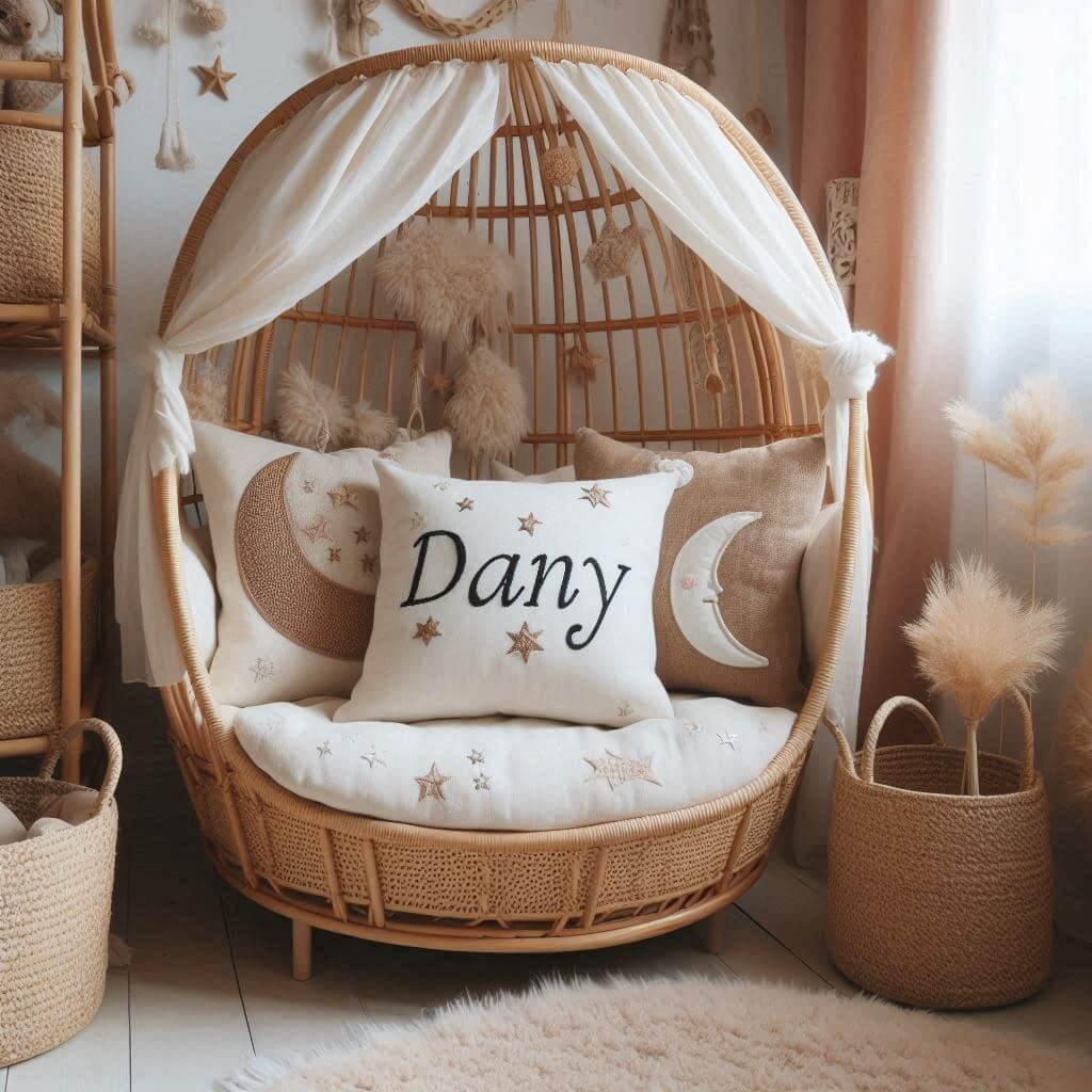 Chambre de petit garcon nomme dany ecrit en francais avec lit cabane en rotin tapis en laine moelleuse style boheme chic deco douce et naturelle coussins en lin brode en forme d et