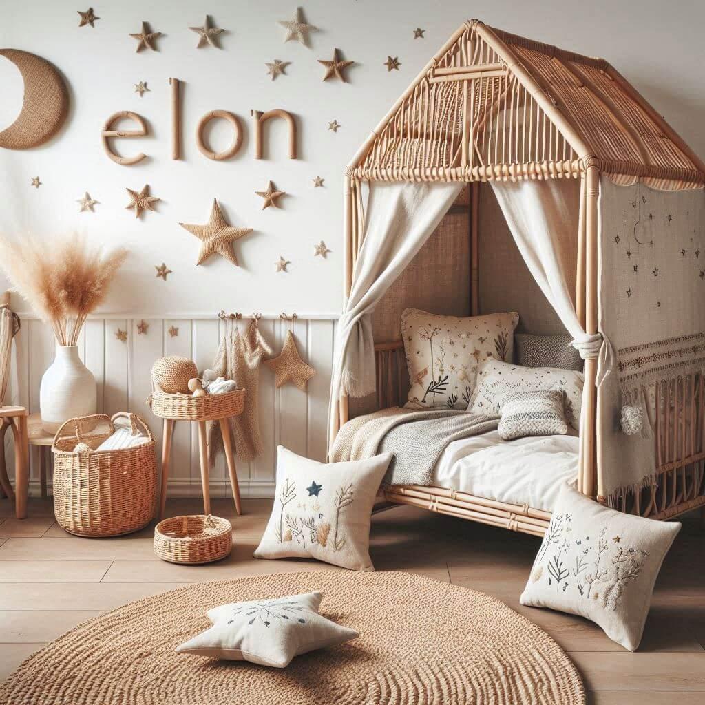 Chambre de petit garcon nomme elon ecrit en francais avec lit cabane en rotin tapis en laine moelleuse style boheme chic deco douce et naturelle coussins en lin brode en forme d et