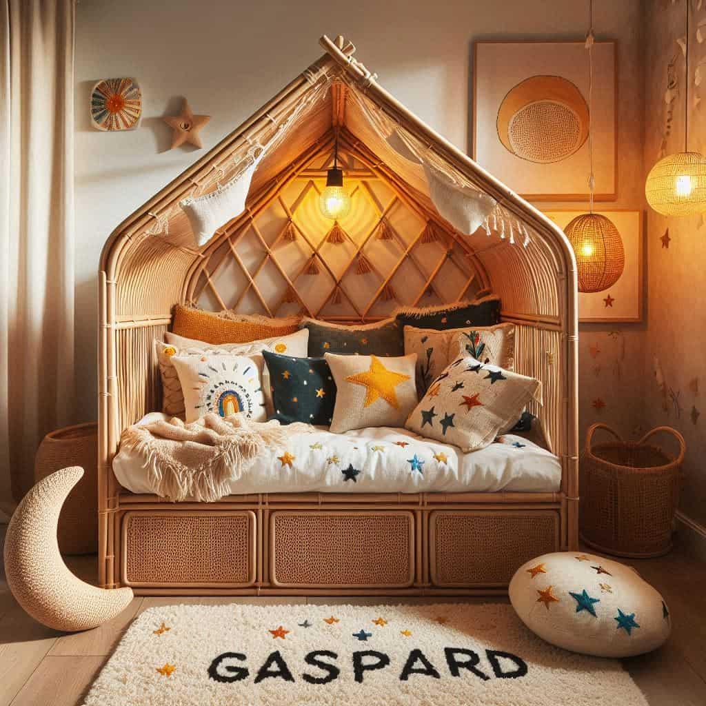 Chambre de petit garcon nomme gaspard avec lit cabane en rotin tapis en laine moelleuse style boheme chic deco douce et naturelle coussins en lin brode en forme d etoiles et de lun