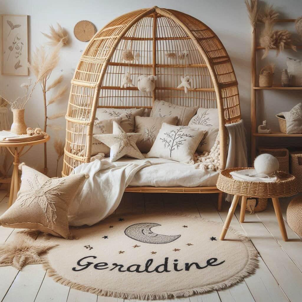 Chambre de petite fille nommée geraldine ecrit en francais avec lit cabane en rotin tapis en laine moelleuse style boheme chic deco douce et naturelle coussins étoiles