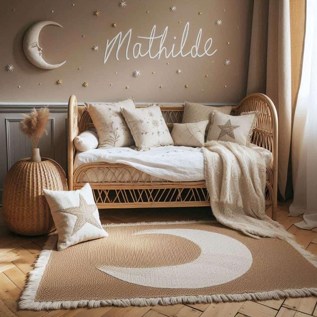 Chambre de petit garcon nomme mathilde ecrit en francais avec lit cabane en rotin tapis en laine moelleuse style boheme chic deco douce et naturelle coussins en lin brode en forme