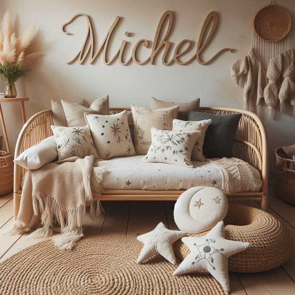 Chambre de petit garcon nomme michel ecrit en francais avec lit cabane en rotin tapis en laine moelleuse style boheme chic deco douce et naturelle coussins en lin brode en forme d