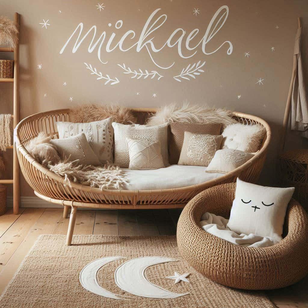 Chambre de petit garcon nomme mickael ecrit en francais avec lit cabane en rotin tapis en laine moelleuse style boheme chic deco douce et naturelle coussins en lin brode en forme d