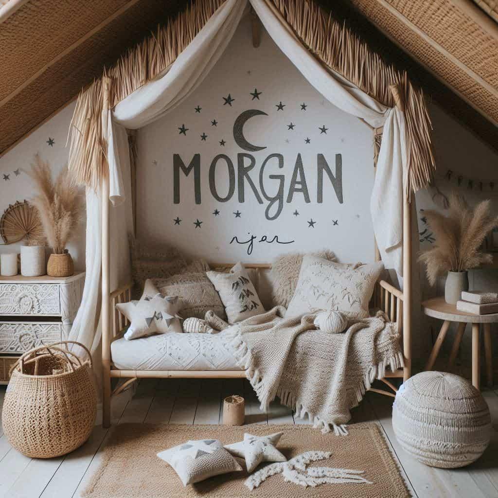 Chambre mixte cocooning nommée morgan ecrit en francais avec lit cabane en rotin tapis en laine moelleuse style boheme chic deco douce et naturelle coussins en lin brode en forme d