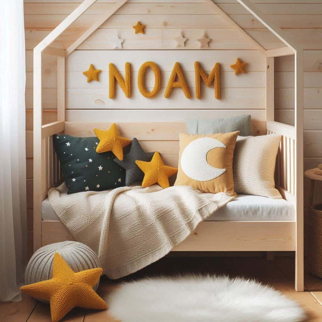 Chambre de petit garcon nomme noam lit cabane en bois clair tapis en fausse fourrure blanche