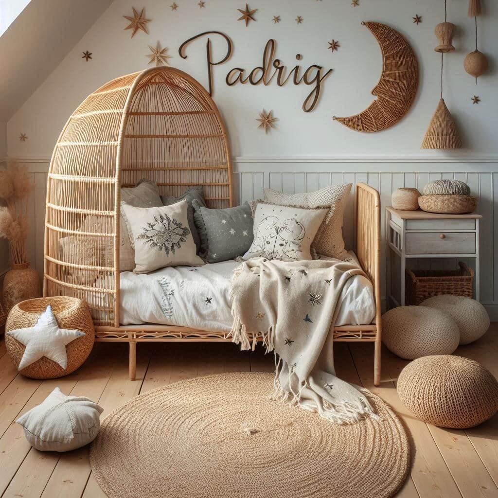 Chambre de petit garçon Padrig avec lit cabane en rotin, déco bohème chic, coussins en lin brodé lune et étoiles