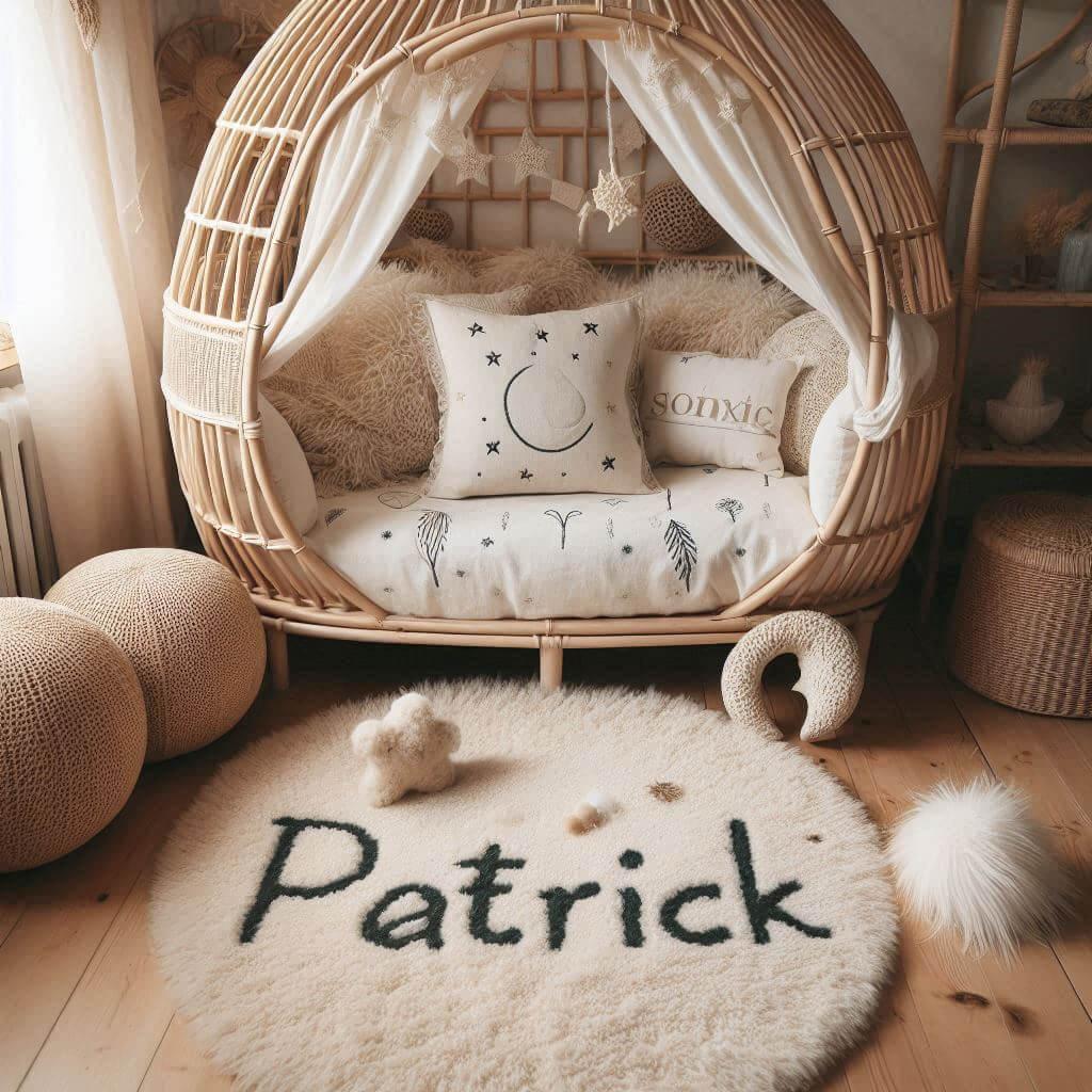 Chambre de garçon Patrick avec lit cabane en rotin, tapis laine, déco bohème chic et coussins en lin étoiles et lune.