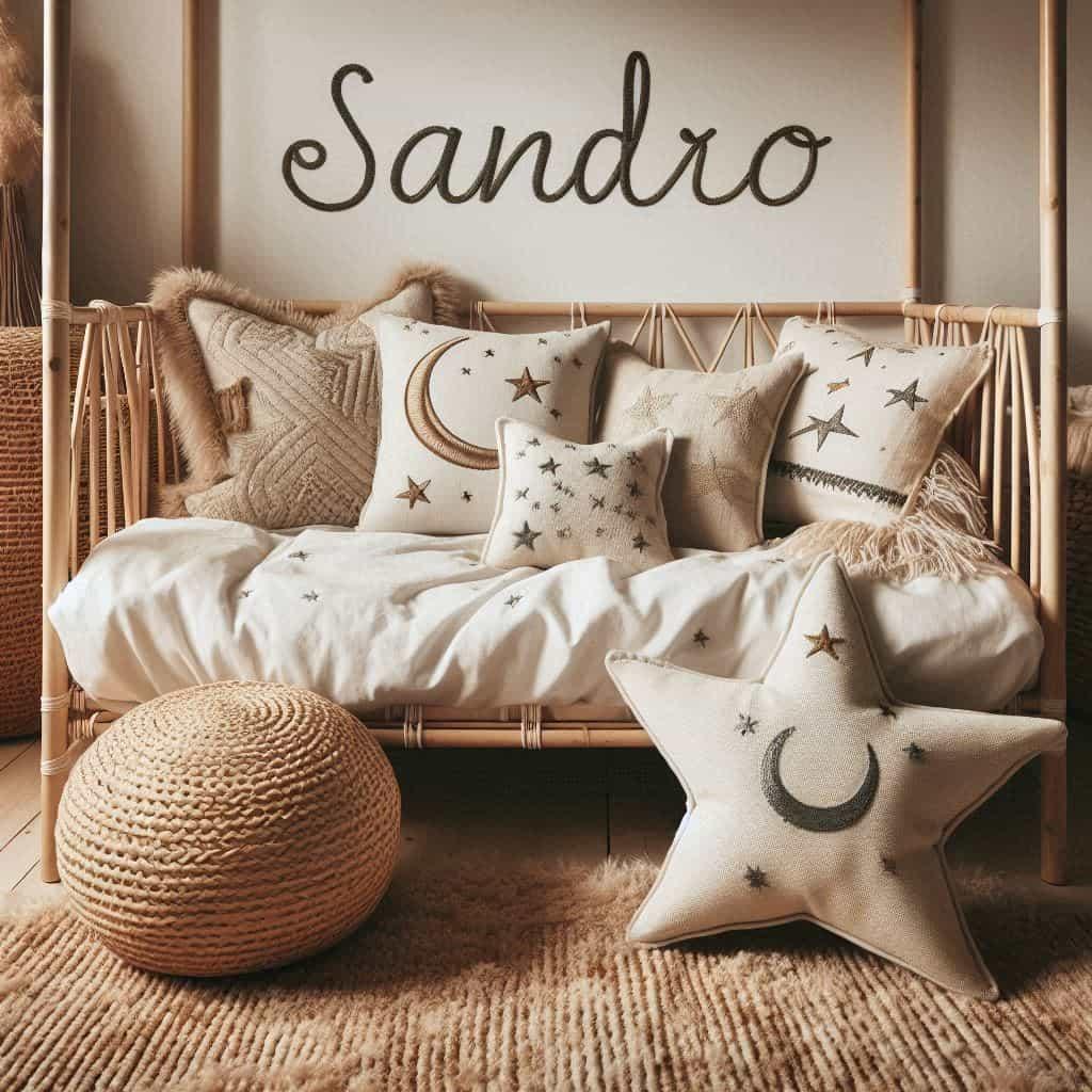 Chambre de petit garcon nomme sandro ecrit en francais avec lit cabane en rotin tapis en laine moelleuse style boheme chic deco douce et naturelle coussins en lin brode en forme d