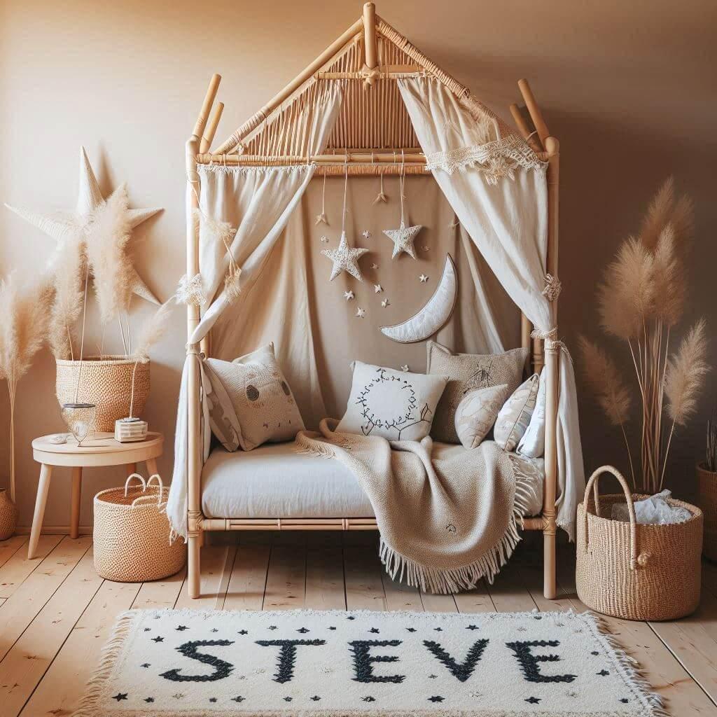 Chambre de petit garcon nomme steve ecrit en francais avec lit cabane en rotin tapis en laine moelleuse style boheme chic deco douce et naturelle coussins en lin brode en forme d e