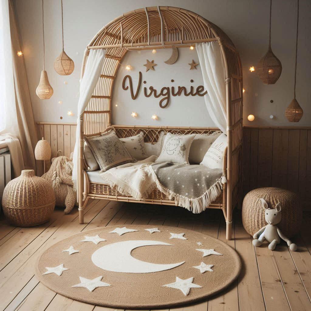 Chambre de petit garcon nomme virginie ecrit en francais avec lit cabane en rotin tapis en laine moelleuse style boheme chic deco douce et naturelle coussins en lin brode en forme