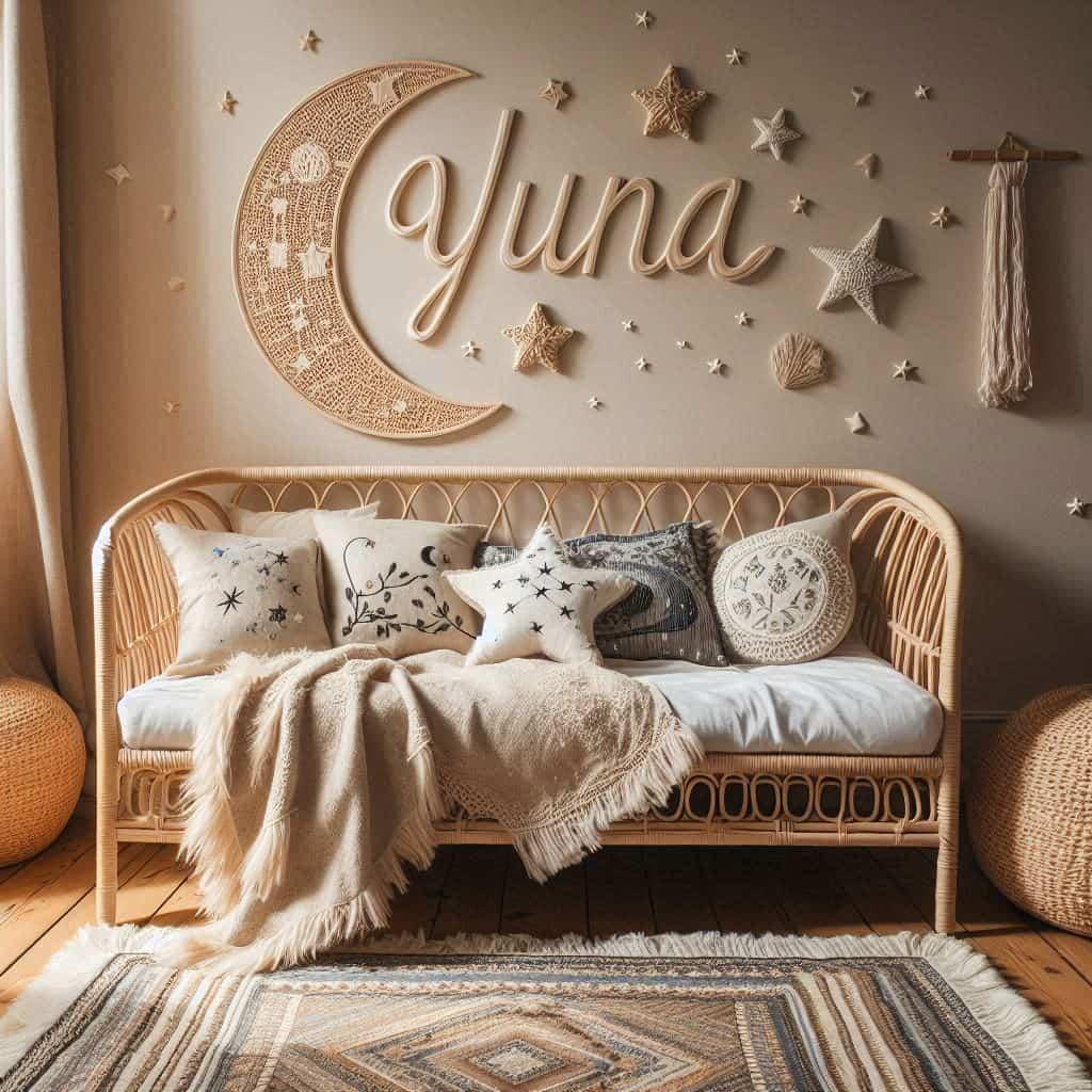 Chambre de petit garcon nomme yuna ecrit en francais avec lit cabane en rotin tapis en laine moelleuse style boheme chic deco douce et naturelle coussins en lin brode en forme d et