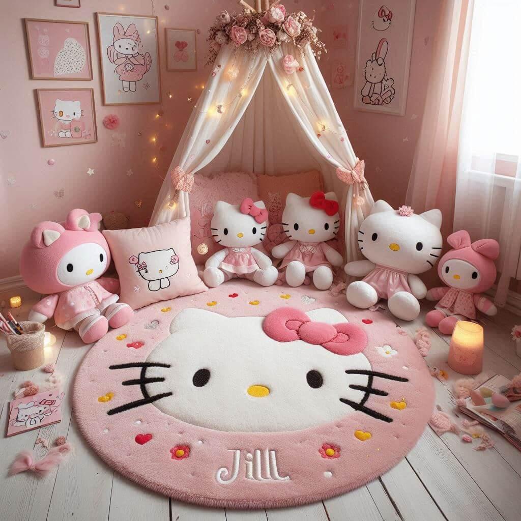 Chambre de petite fille inspire de hello kitty avec des tons roses et blancs prenom jill