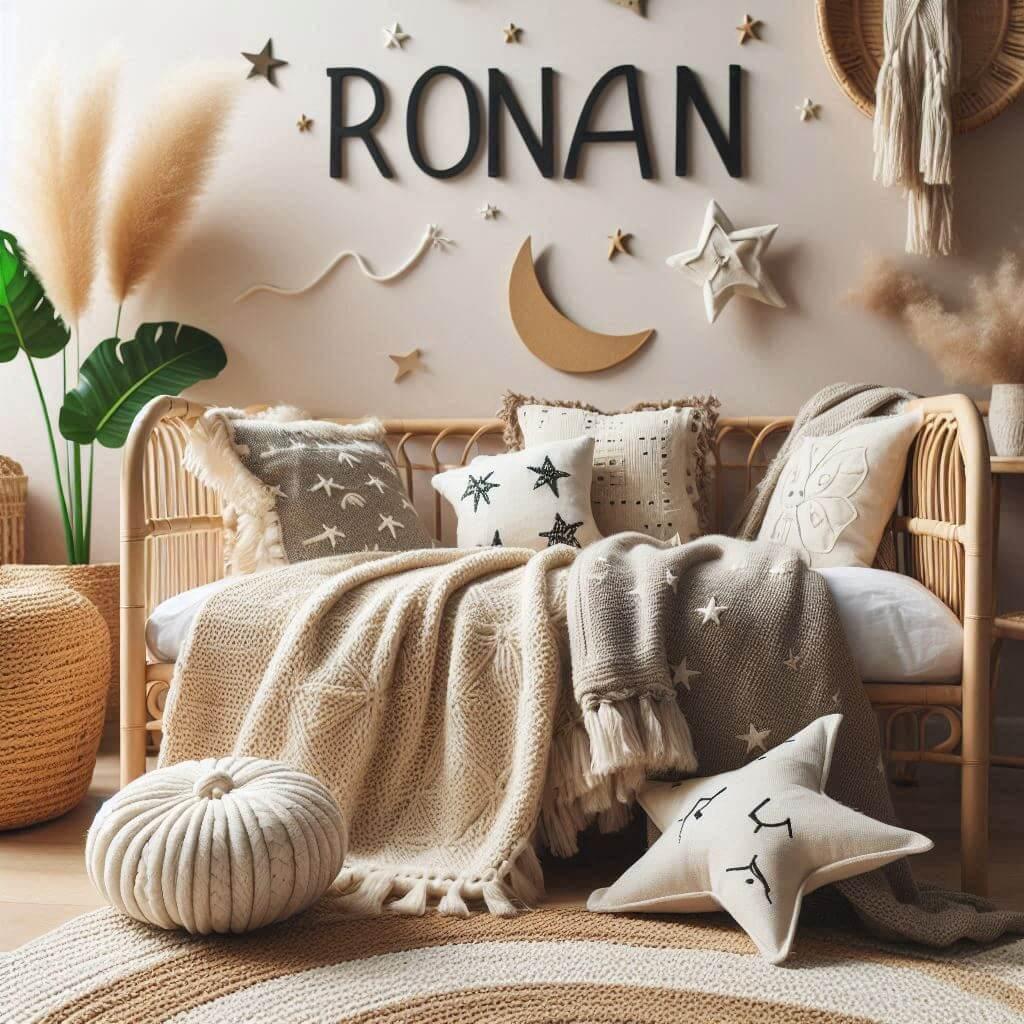 Déco chambre petit garçon nommée Ronan avec lit cabane en rotin, tapis en laine moelleuse, déco bohème chic, coussins en lin brodés en forme d'étoiles et de lune.