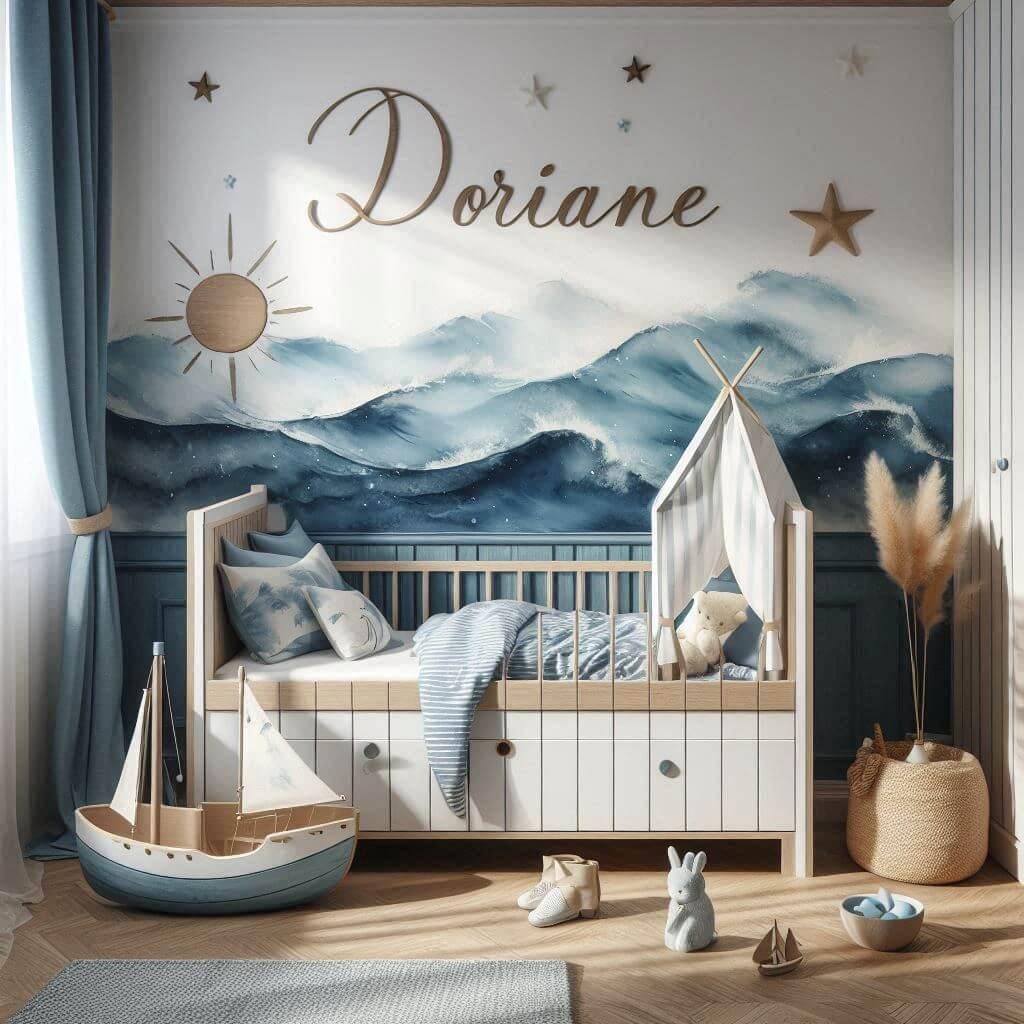 Chambre de petite fille nommee doriane inspiree de l ocean palette apaisante de bleu profond blanc sable et bois clair mur en papier peint aquarelle representant des vagues douces