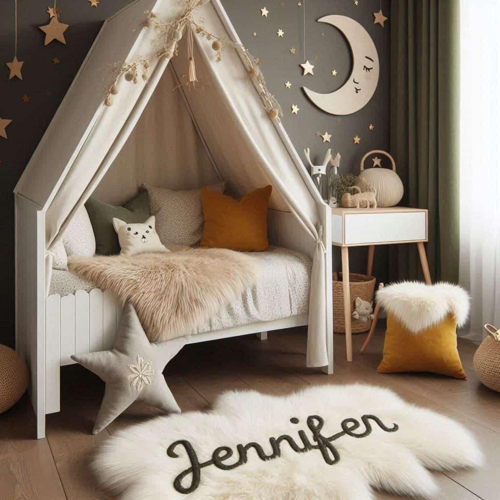 Chambre de petite fille nommee jennifer avec lit cabane tapis de fourrure style scandinave coussins etoiles et lune coussin brode jennifer couleurs vert fonce blanc et moutarde
