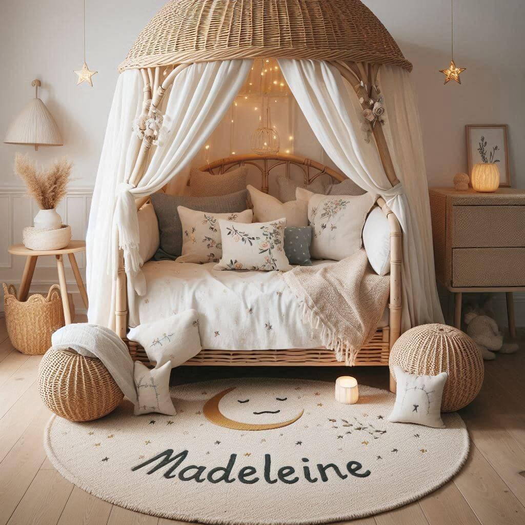 Chambre de petite fille nommee madeleine ecrit en francais avec lit cabane en rotin tapis en laine moelleuse style boheme chic deco douce et naturelle coussins en lin brode en form