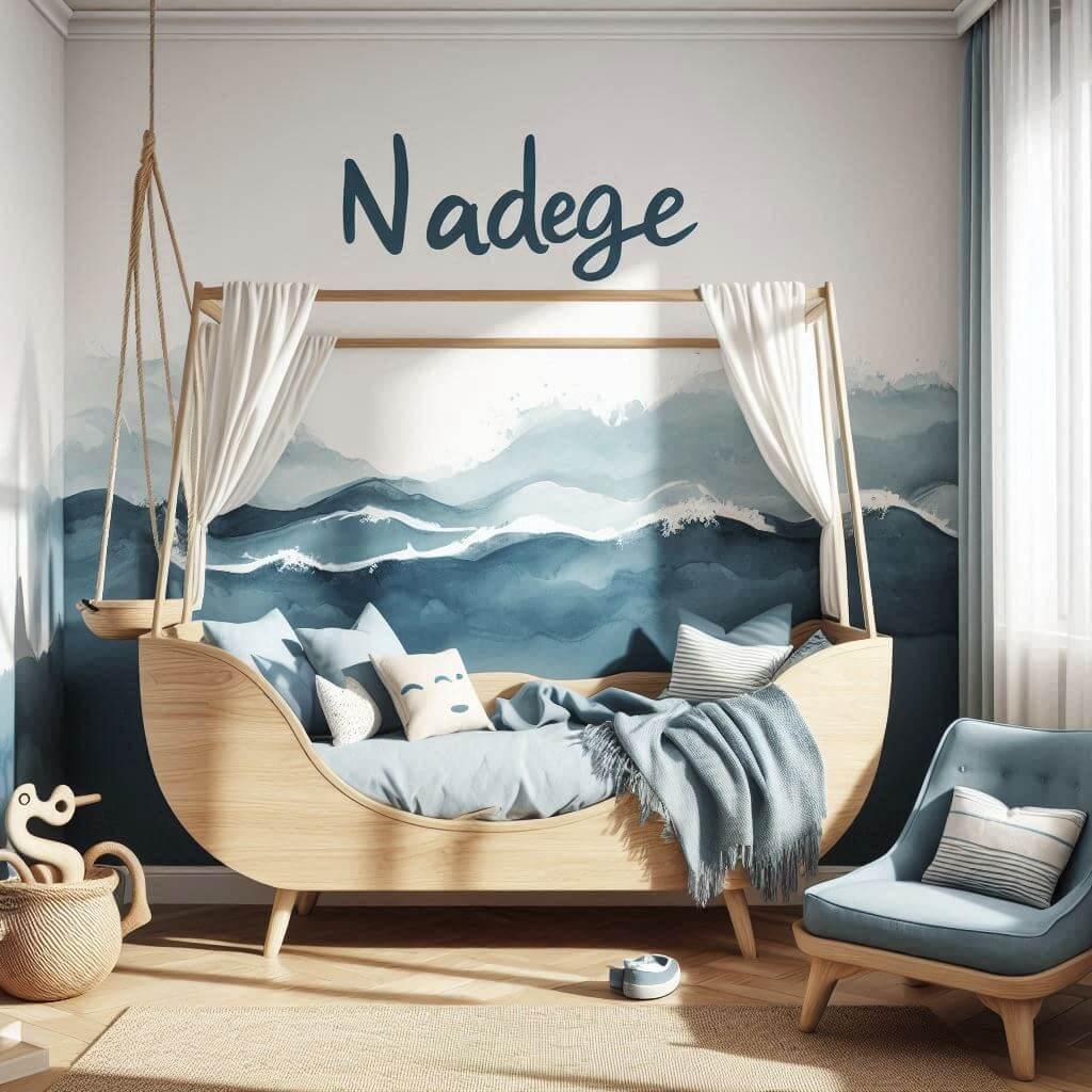 Chambre de petite fille nommee nadege inspiree de l ocean palette apaisante de bleu profond blanc sable et bois clair mur en papier peint aquarelle representant des vagues douces l