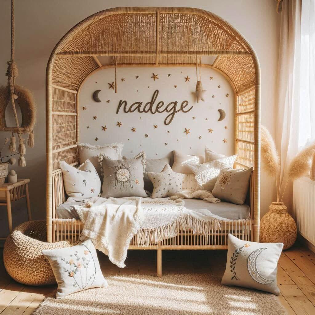 Chambre de petite fille nommee nadege lit cabane en rotin tapis en laine moelleuse style boheme chic deco douce et naturelle coussins en lin brode en forme d etoiles et de lune pre