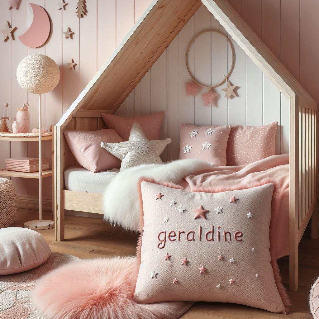 Chambre de petite fille qui se nomme geraldine avec un lit cabane un tapis de fourrure style scandinave coussins en forme d etoiles coussins en forme de lune geraldine est brode su