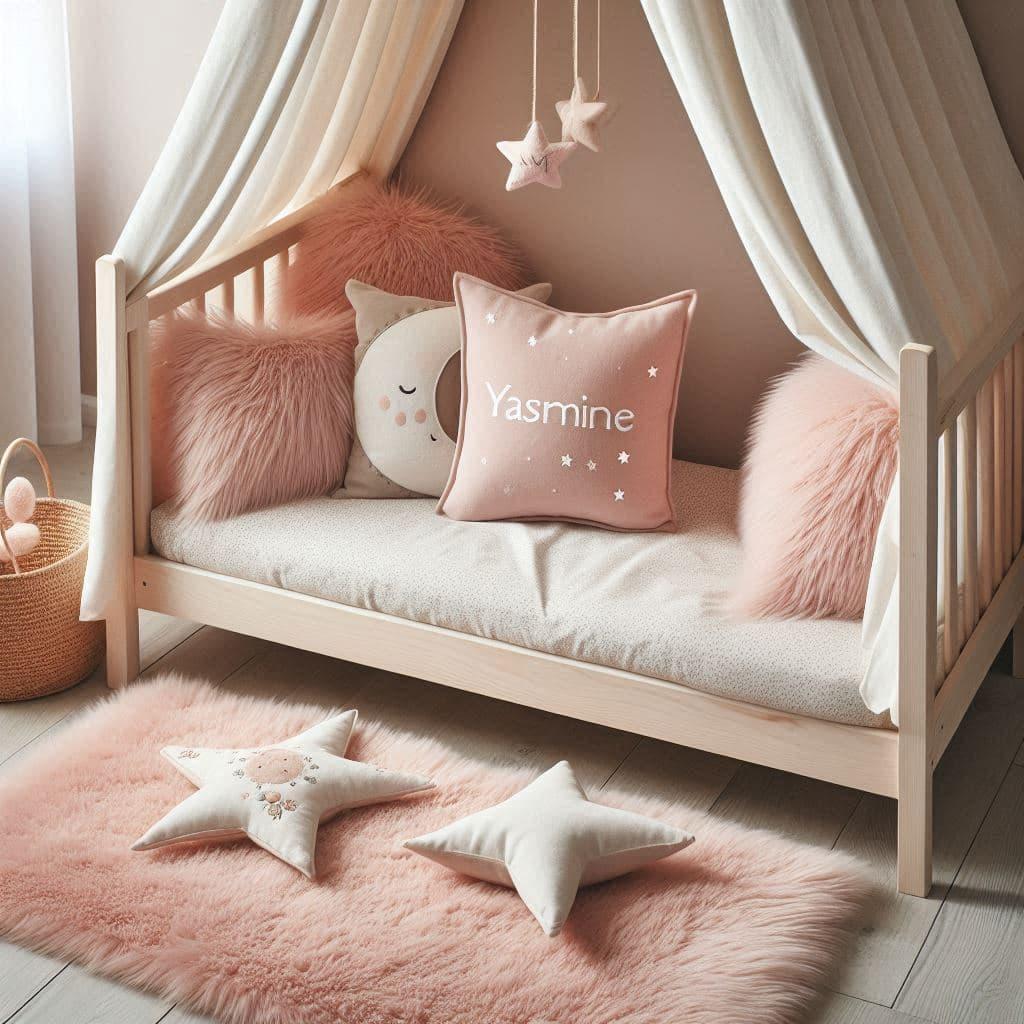 Chambre de petite fille theme princesse couleurs rose pale et blanc personnalisee avec le prenom jasmine