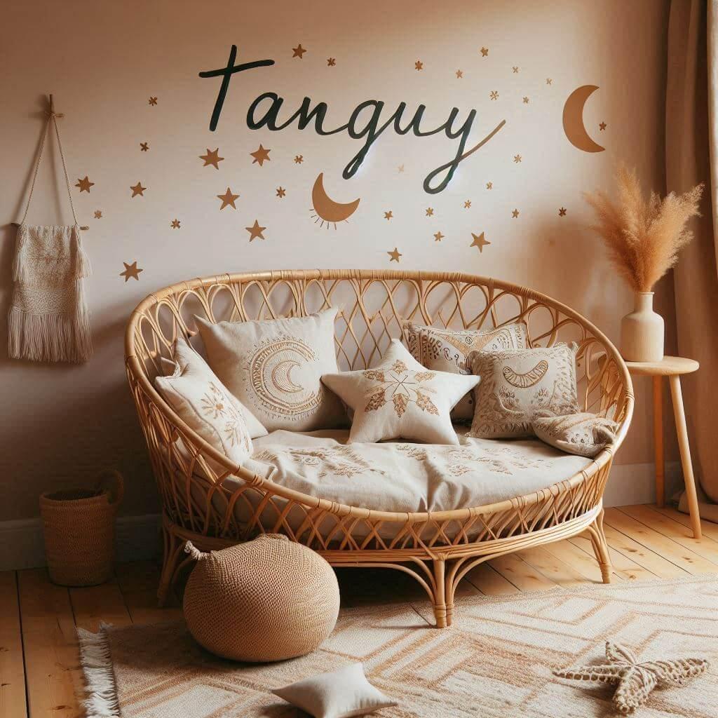 Chambre de petit garçon nommée Tanguy avec lit cabane en rotin, tapis en laine, style bohème chic, coussins en lin brodés en forme d'étoiles et lune, déco douce et naturelle