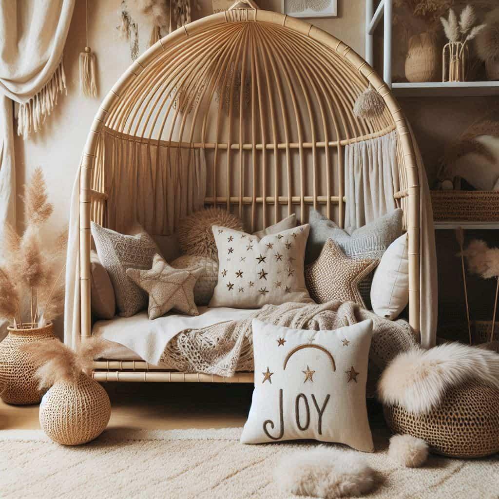 Chambre deco boheme couleurs naturelles rotin bambou personnalisee avec le prenom joy