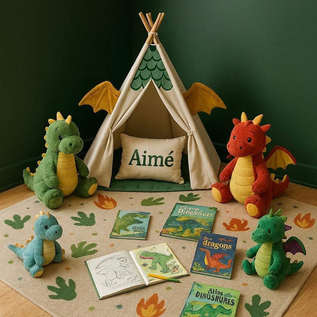 Chambre deco dragons et dinosaures prenom aime
