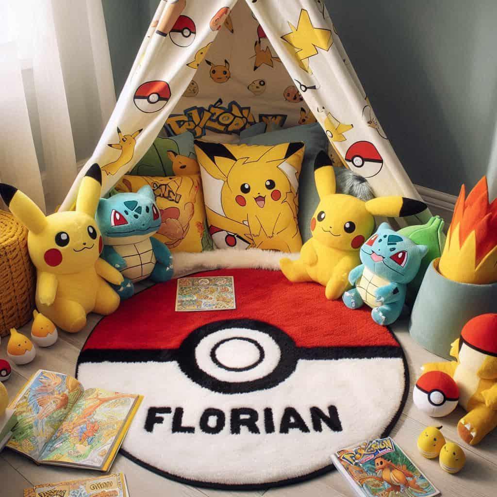 Chambre deco pokemon avec tipi et peluche personnalisee avec le prenom florian