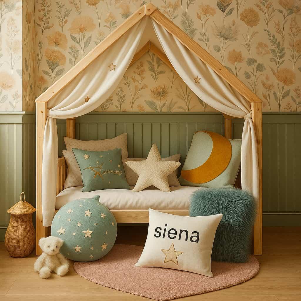 Chambre deco vintage couleurs vert d eau et moutarde tapisserie fleurie prenom siena