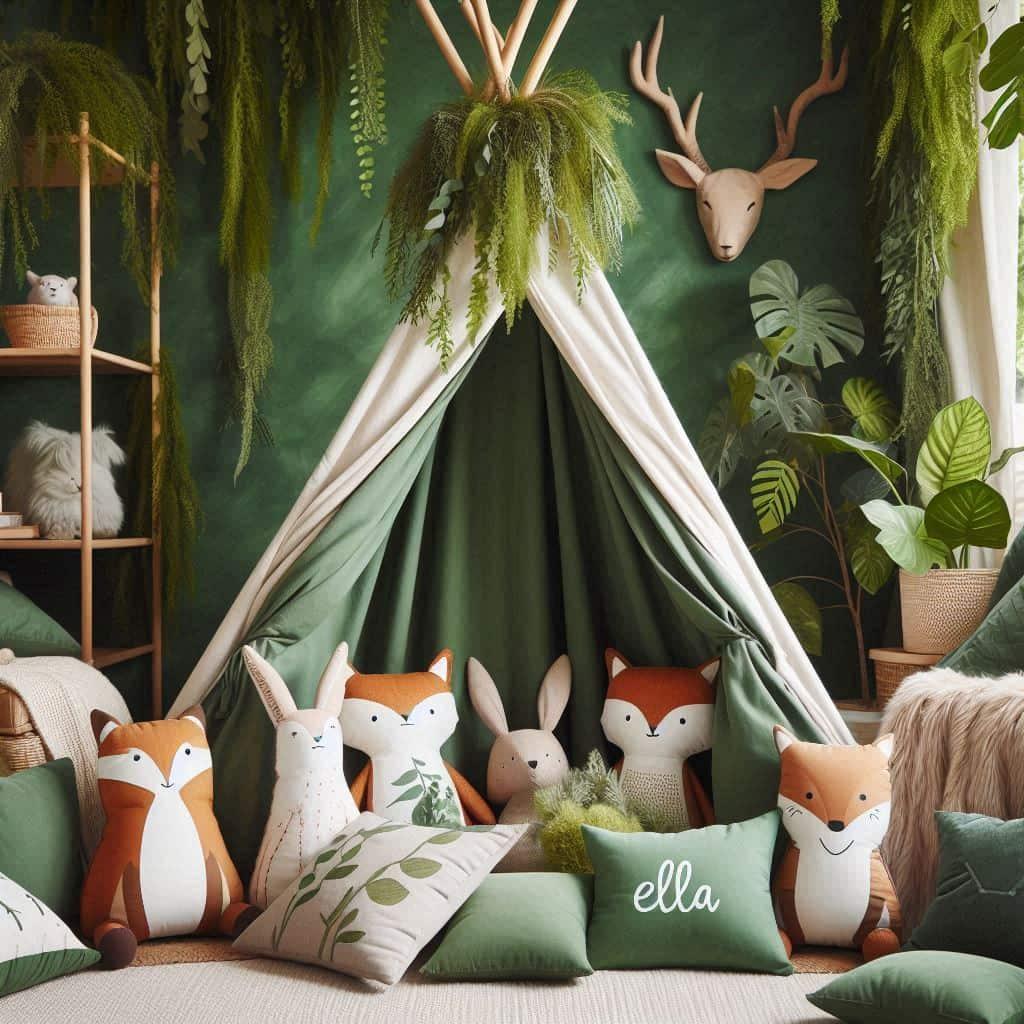 Chambre decoration animaux de la foret avec tipi pour enfant personnalise avec le prenom ella