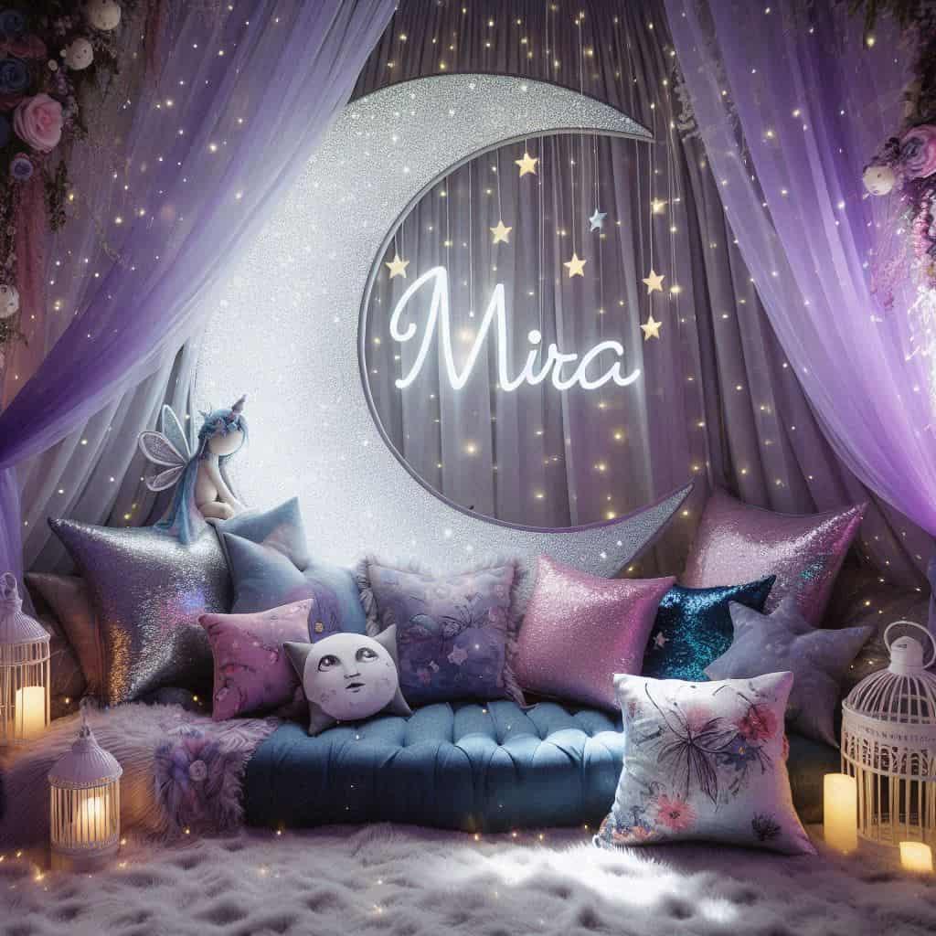 Chambre decoration fille sur le theme des fees espace de lecture avec canape et coussin prenom mira