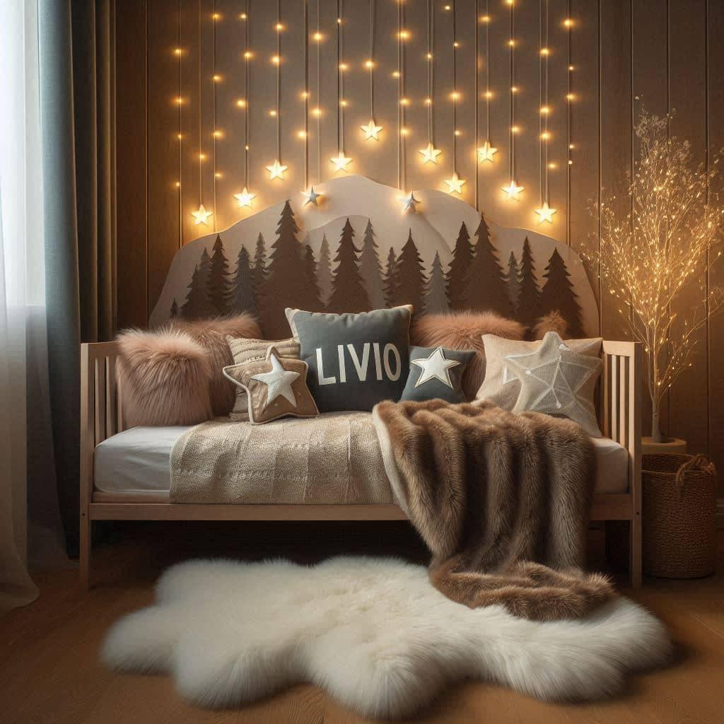Chambre décoration forêt enchantée personnalisée avec le prénom Livio, ambiance magique
