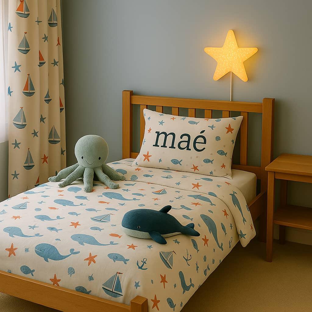 Chambre decoration marine personnalisee avec le prenom mae peluche poulpe peluche baleine