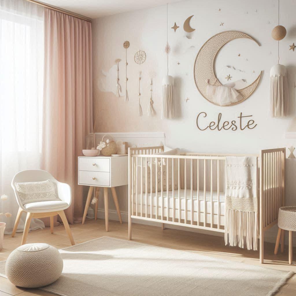 Chambre decoration pour bebe fille prenom celeste couleur beige et blanc
