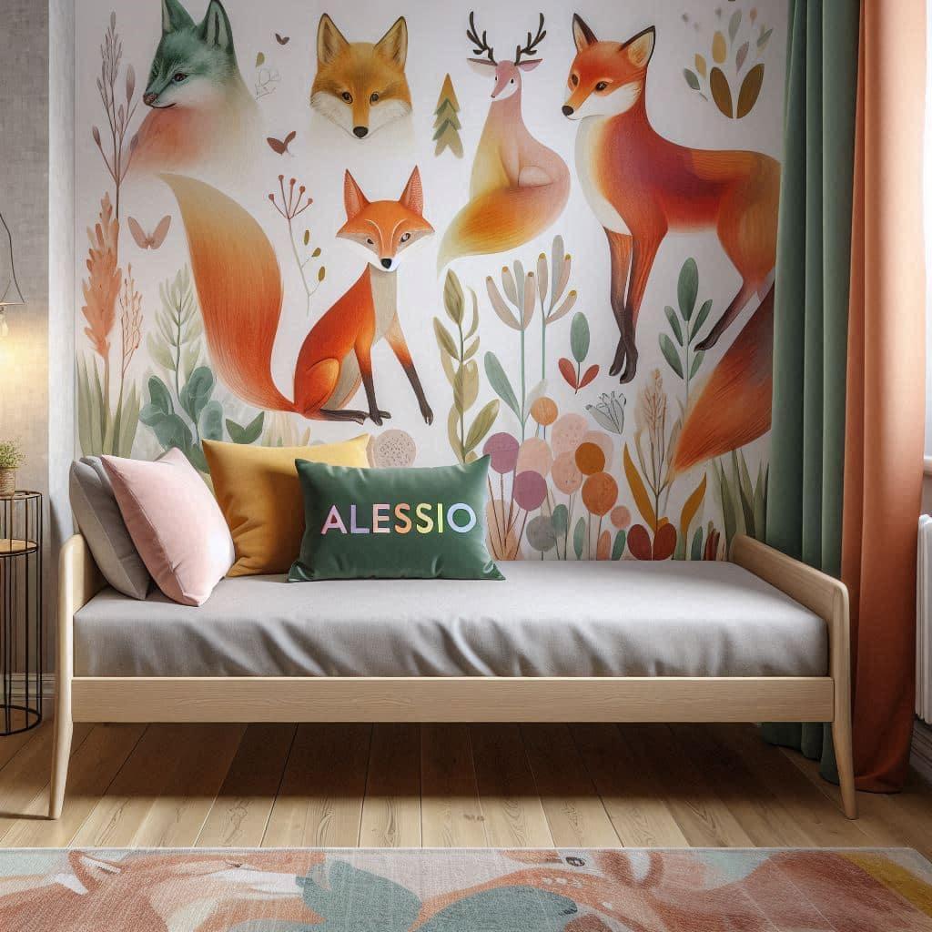 Chambre decoration renard avec lit simple personnalise avec un coussin au nom de alessio