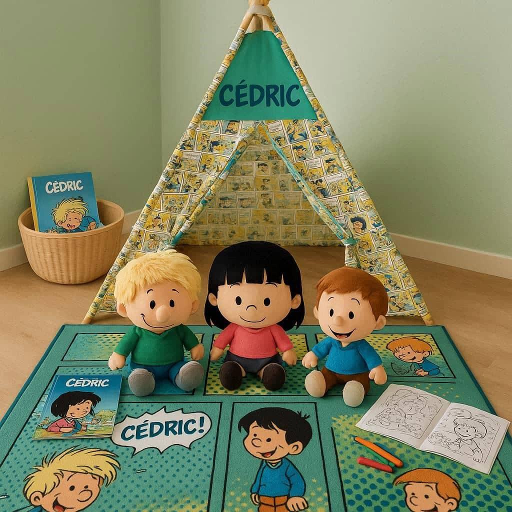 coin lecture pour enfant sur le thème de Cédric. Un tapis doux orné de motifs de bandes dessinées, accompagné de peluches ou figurines de Cédric, Chen et Christian