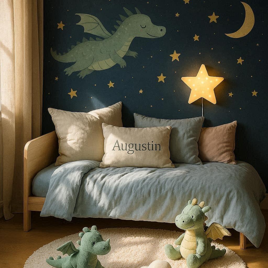 Chambre petit garcon theme dragon et ciel étoilé personnalisé avec le prénom augustin