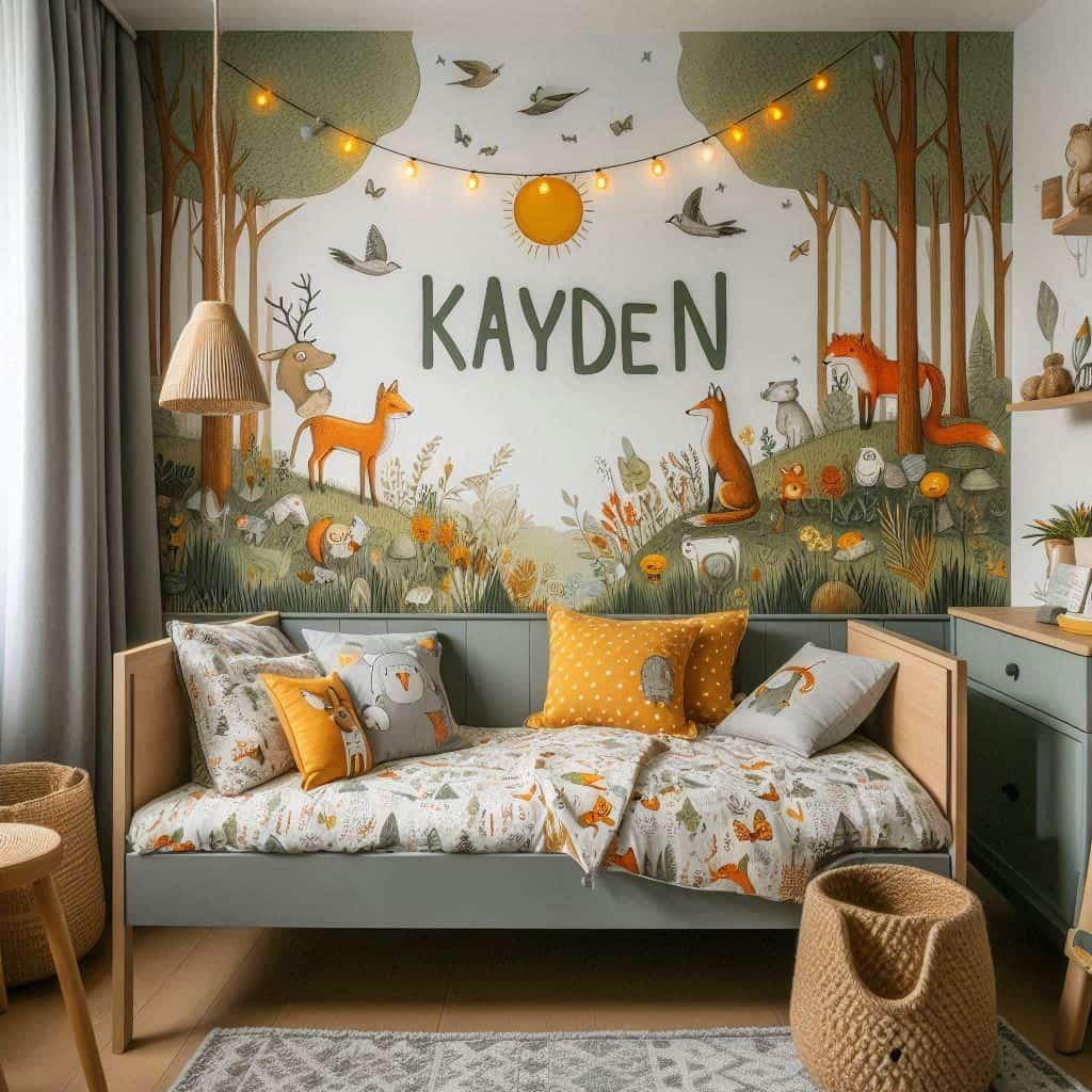 Chambre enfant avec canape decoration animaux de la foret personnalisee avec le prenom kayden