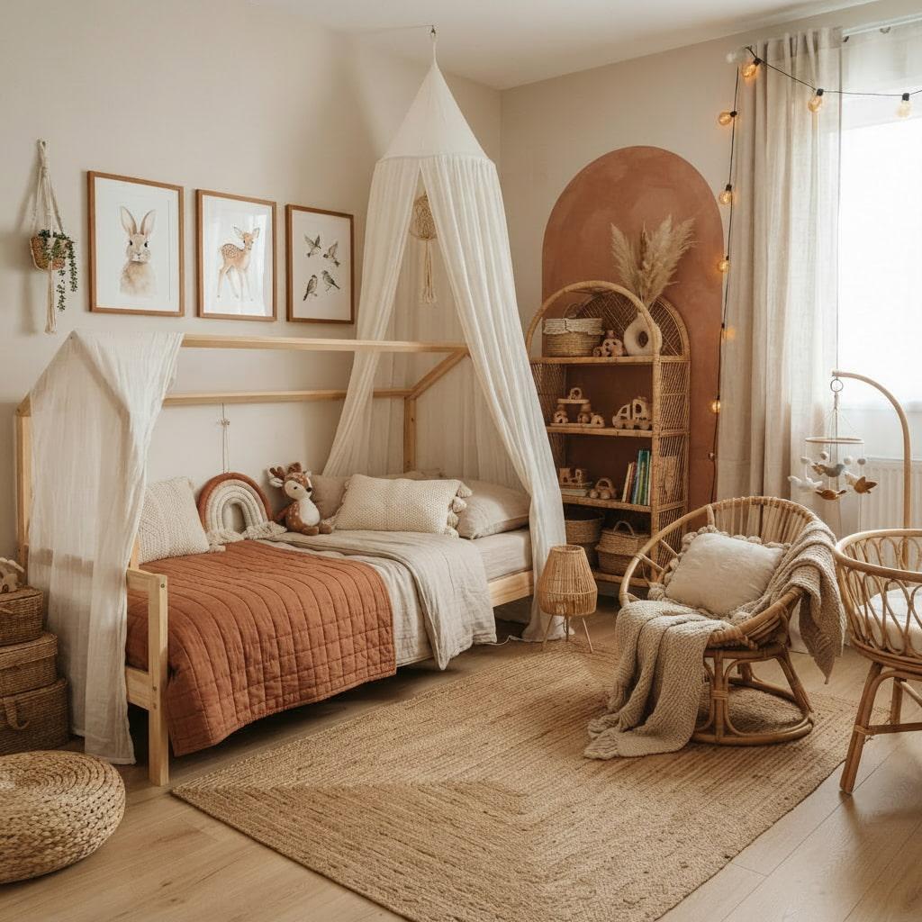 Chambre enfant boheme avec lit cabane en bois clair voilage blanc affiches lapin faon oiseaux et deco naturelle en tons ecru et terracotta