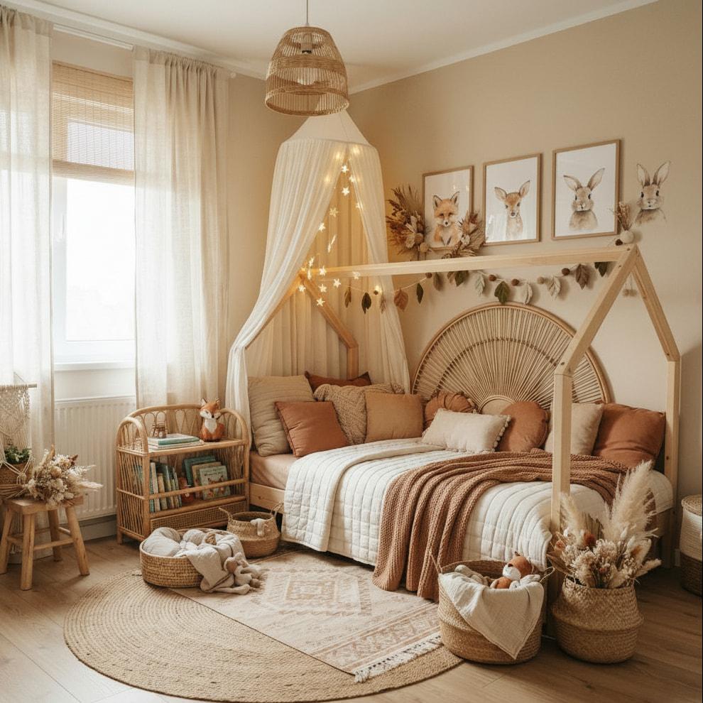 Chambre enfant boheme avec lit cabane en bois clair voilage ecru guirlande etoilee et affiches renard faon lapin dans une deco naturelle terracotta